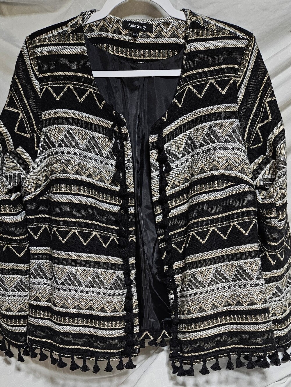 Tribal Aztek Woven Jacket Womens Boho Tassels Collarless Cotton Blend (Rrh)